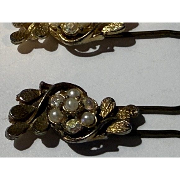 Vintage Gold Tone‎ Hair Pins Pearl Flower Accents Set of 2 Bridal Hair Clips main image 5